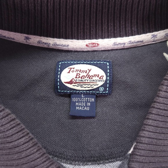 Tommy Bahama Polo Shirt Mens Large Black Hawaiian Floral 100% Cotton Collared - Picture 3 of 7